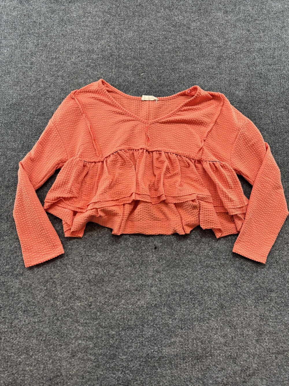 Altar'd State Blouse Womens XS Pink Waffle Knit Ruffle Cropped Long Sleeve Top